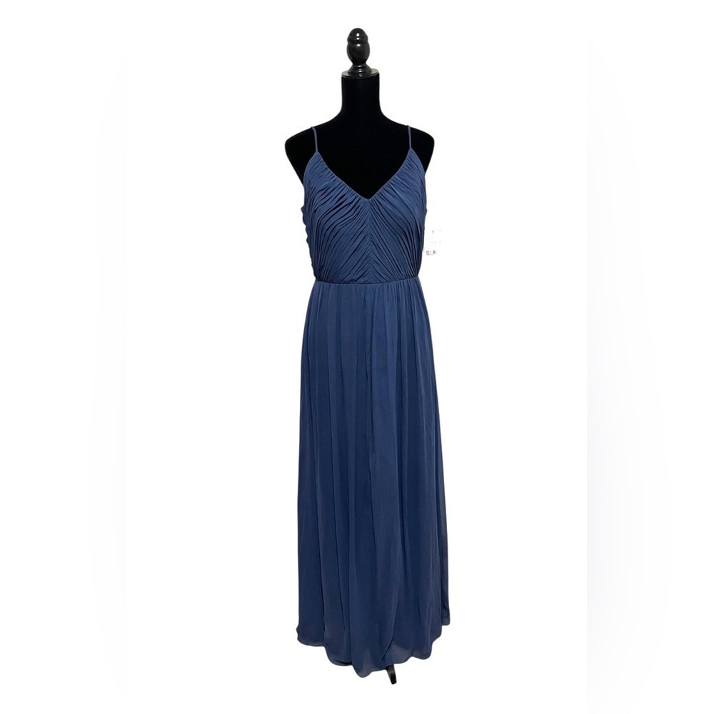 NWT Dessy Collection #2989 Blue Lux Chiffon V Neck Floor Length Dress Size 12